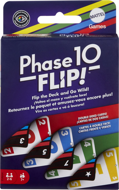 Loja me letra Mattel Phase 10 Flip, për familje, 2‑6 lojtarë, shumëngjyrëshe