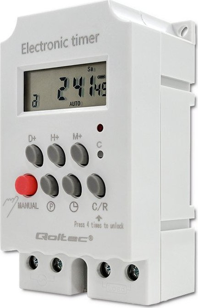 Programues kohe elektronik Qoltec PC0629, montim në shinë DIN, ekran LCD, i bardhë
