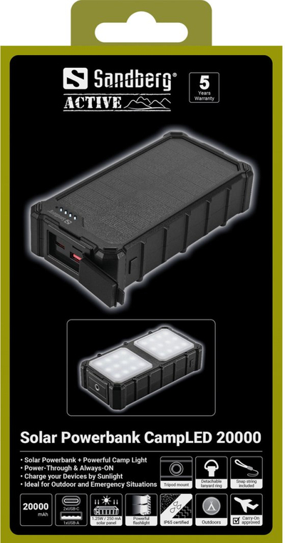Power Bank Sandberg Solar CampLED, 20000 mAh, me panel diellor dhe llambë LED, i zi