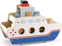 Lodër druri Viga Ferry Ship, traget me makina dhe figura, shumëngjyrëshe