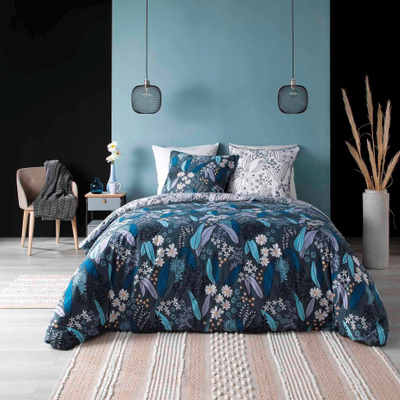Komplet çarçafësh Douceur d'intérieur CLARISSE, 240x220, 100% pambuk bio, me lule bimore, blu e errët
