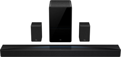Soundbar TCL Q85HE, subwoofer pa tela, altoparlantë të pasëm, i zi