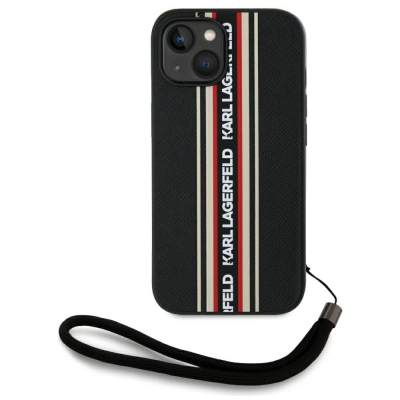 Футрола за телефон Karl Lagerfeld Saffiano Athleisure Stripes Cord за iPhone 15 6.1", со ремен за рака, црна