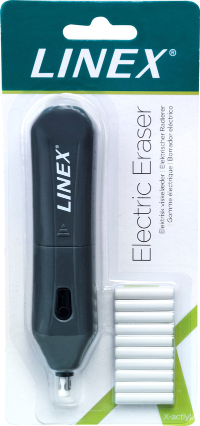 Gomë elektrike Linex me bateri AAA, 10 goma ndërruese, ngjyrë e zezë