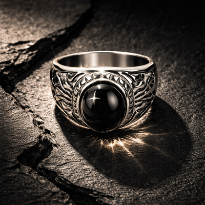 Unazë Silver me Gur të Zi – Stil i Fuqishëm dhe Elegant