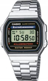 Orë digjitale Casio A168WA 1, çelik inox, ekran me ndriçim, argjendtë