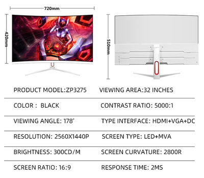 32 inch Monitor Gaming STARDOM ZP3275 4k 75Hz 1ms borderless curved