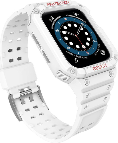 Rrip ore me kasë mbrojtëse Hurtel Protect Strap Band për Apple Watch 7 6 5 4 3 2 SE, 45 44 42mm, i bardhë