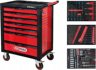 Karrocë veglash KS Tools Racingline, 7 sirtarë, me rrota, e kuqe e zezë