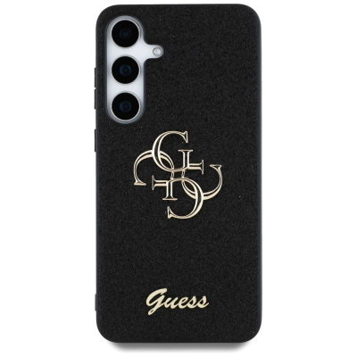 Kejs telefoni Guess Fixed Glitter Big 4G për Samsung S25, lëkurë eco, logo metal, i zi