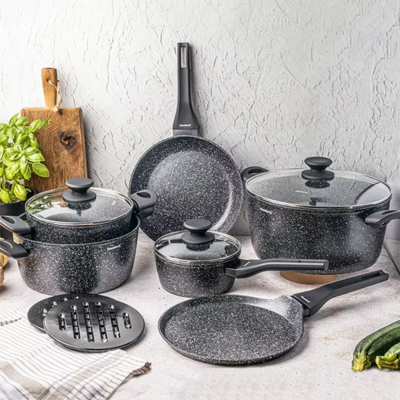 Set tenxheresh dhe tiganësh Klausberg KB-7658, 12 pjesë, veshje mermeri, i zi