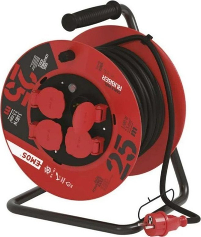 Rrotullë zgjatëse me kabllo gome Rubber, 25m, 4 priza SCHUKO, IP44, e zezë
