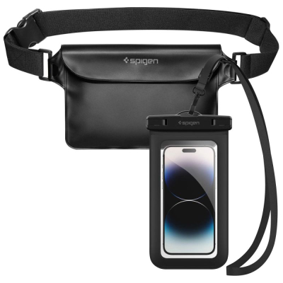 Set çantë që s’e kap uji dhe këllëf telefoni Spigen A621, universal deri 6.9", IPX8, i zi