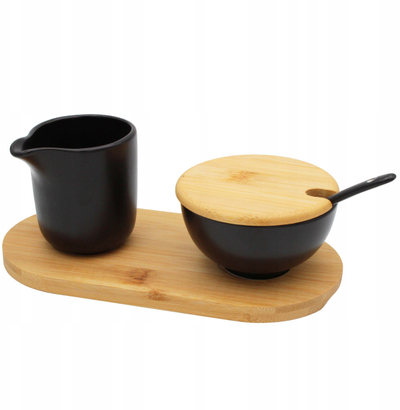 Set sheqeri dhe qumështi Brunbeste, porcelan, me bazë bambuje, bezhë e zezë