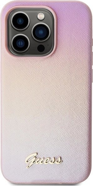 Maskë telefoni Guess Saffiano Iridescent Script për iPhone 15 Pro, TPU PC, rozë