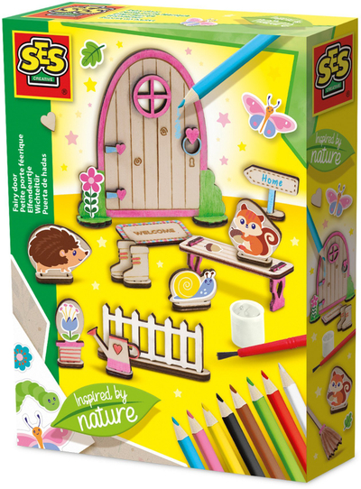 Set dekorativ Fairy Door i frymëzum nga natyra, derë druri me aksesorë, shumëngjyrësh