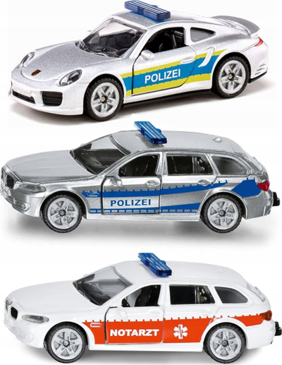Set lodrash makina policie dhe emergjence BMW 520i Touring Police BMW 520i Emergency Doctor Porsche 911 Police, 3 pjesë, metal, shumëngjyrëshe