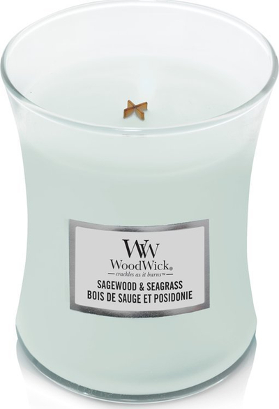 Qiri WoodWick Sagewood and Seagrass Medium Hourglass, me fitil druri, deri në 100 orë djegie