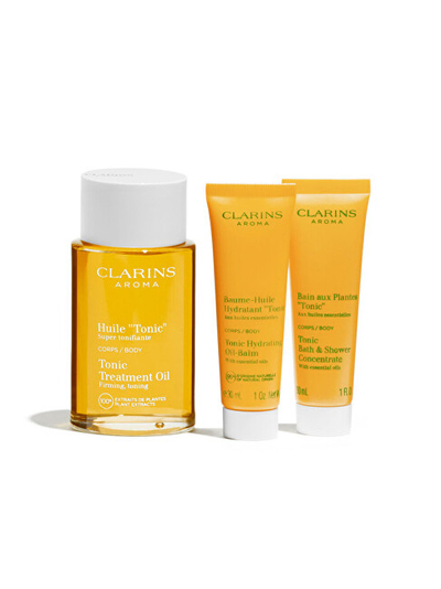 Set për trup Clarins Tonic Energizing Routine, vaj për trup 100 ml + balsam për trup 30 ml + koncentrat dushi për trup 30 ml