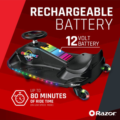 Go kart elektrik Razor Crazy Cart Shift Lightshow, bateri litium, deri 8 mph, rrota me drita, për moshën 6+