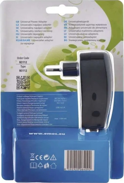 Adapter rryme Emos N3112, 3V–12V, 1500mA, me USB, i zi