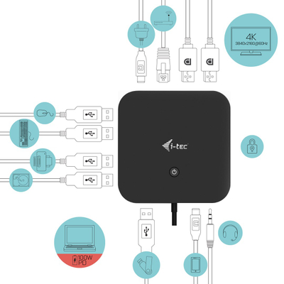 Stacion docking USB-C i-tec, me dy ekrane, 100W karikim Power Delivery, i zi
