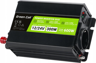 Inverter veture Green Cell Power Inverter DUO, 12V/24V në 230V, 300W 600W, i zi