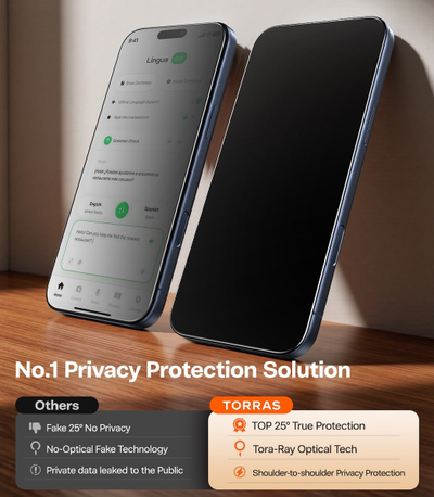 Xham mbrojtës Torras Install Master Privacy, për iPhone 17 Pro, 1 copë, me kornizë të zezë