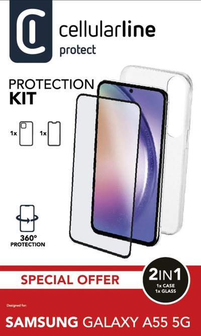 Set mbrojtës Cellularline Protection Kit Galaxy A55 5G, kapak i butë, xham mbrojtës, transparent