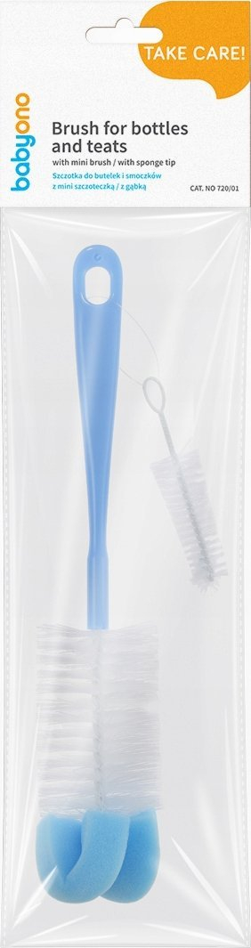 Set furçash për biberona BabyOno Take Care, majë sfungjeri, mini furçë, blu