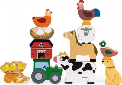 Lodër druri Viga Wooden Blocks Stacking Puzzle Farm Animals, 12 figura, Montessori