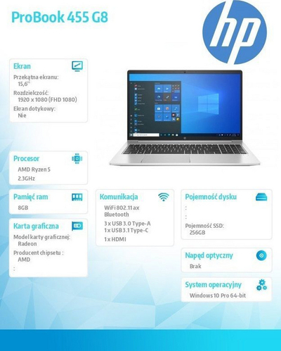 Laptop HP PROBOOK 455 G8, AMD Ryzen 5 5600U, 15.6", 8GB RAM, SSD 256 GB, Windows 10 Pro, i argjendtë
