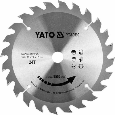 Teh rrethor për dru Yato YT-60590, 165mm, 24 dhëmbë, metalik