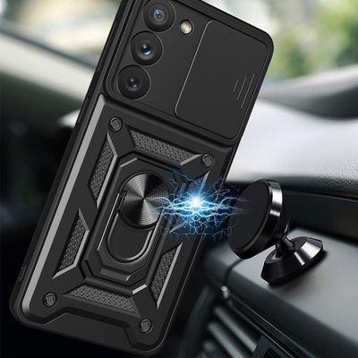 Maskë mbrojtëse Hybrid Armor për Samsung Galaxy S23 Ultra, me kapak kamere, me unazë magnetike, e zezë