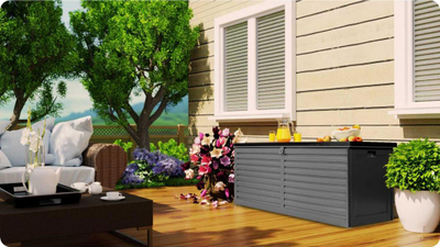 Кутија за во двор Garden Chest, 143 x 57 x 53.5 cm, 390L, црна и сива