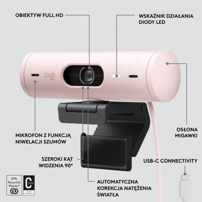 Веб-камера Logitech Brio 500 (960-001421), розева боја