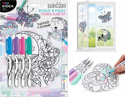 Set kreativ për vitrazhe Kidea Derform Zest Kreat Witraz Wrozki, 3 fletë motive, 4 pisaka me ngjyra