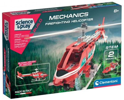 Lodër ndërtimi Clementoni Mechanics Helicopter Zjarrfikës, STEM, 2 modele, e kuqe