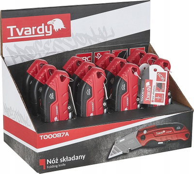 Thikë palosëse pune Tvardy T00087, mekanizëm push pull, trup metalik ergonomik, e kuqe e zezë