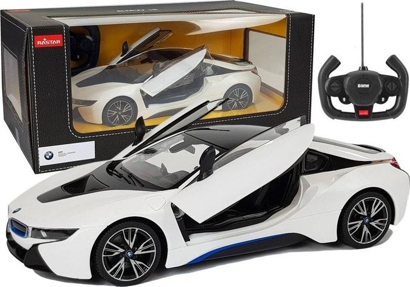 Makina me telekomandë Leantoys BMW i8 Rastar, shkalla 1:14, dyer automatike, e bardhë
