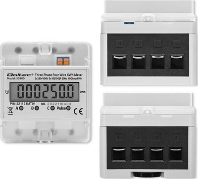 Matës energjie trefazor Qoltec, për shinë DIN, me ekran LCD, 230V, i bardhë