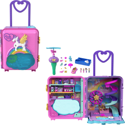 Set lodrash Polly Pocket Pollyville Resort Roll Away, 3 kate, me 4 kukulla dhe aksesorë, shumëngjyrëshe