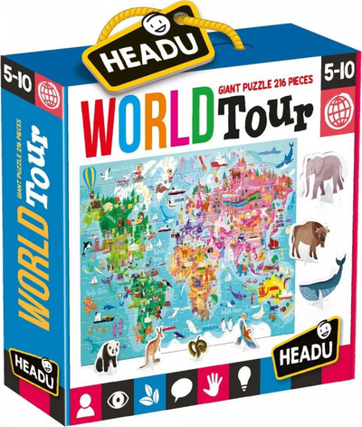 Puzzle edukativ Headu World Tour, 216 copa, për kalamaj 5-10 vjeç, shumëngjyrësh