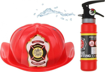 Set lojrash zjarrfikësi për kalamaj “Firefighter Set”, kaskë 53 cm, zjarrfikës lodër 23 cm, e kuqe