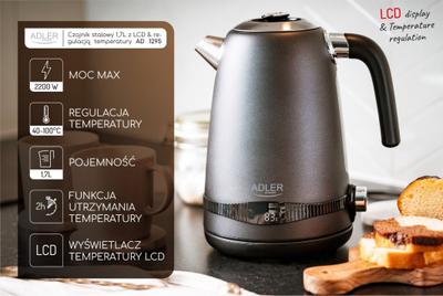 Çajnik elektrik Adler AD 1295, 1.7L, çelik inox, gri satin