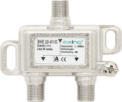 Nделител на антена Axing BVE 20-01, 1 F влез, 2 F излези, сребрен