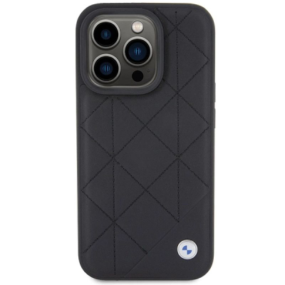 Këllëf telefoni BMW për iPhone 15 Pro Max, lëkurë quilted, me mbrojtje anësore, i zi
