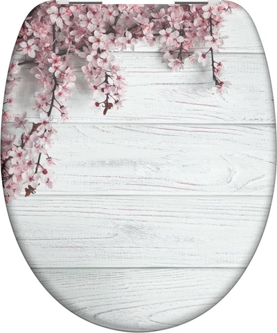 Седиште за ВЦ Schütte FLOWERS &amp; WOOD, soft close, универзална форма, дизајн дрво со розови цветови