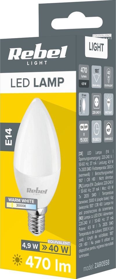 Llambë LED Rebel E14, 4.9W, 470lm 3000K, e ngrohtë