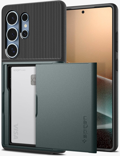 Заштитна маска за телефон Spigen Slim Armor CS, Samsung Galaxy S25 Ultra, џеб за картички, зелена Abyss
